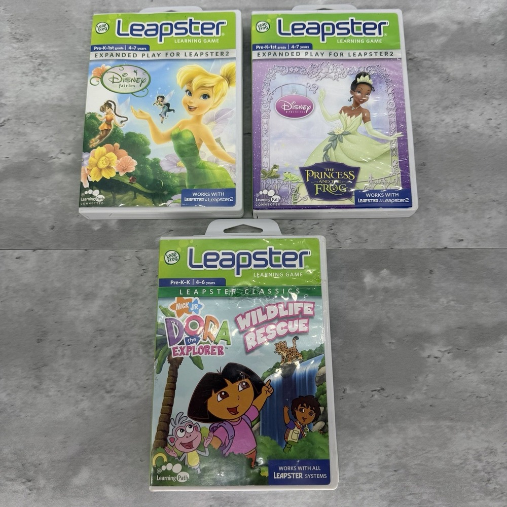 LeapFrog Leapster 1&2 Lot of 3 Disney Princess & Fairies Learning Games Dora